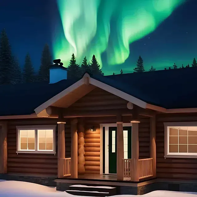Blockhütte unter dem Nordlicht; grüne und weiße Lichter erhellen den Nachthimmel.