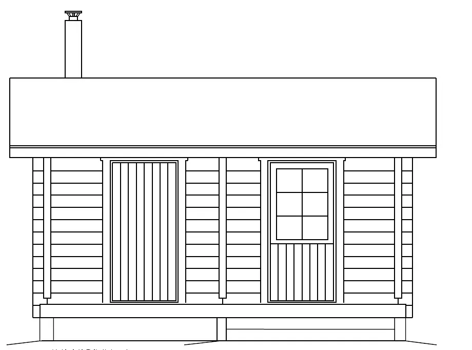Außenseite der Hütte: horizontale Verkleidung, Schiebetür, Fenster, Schornstein, einfache Veranda.