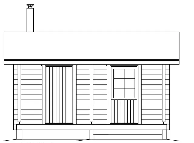 Stugaexteriör med veranda, skorsten och två dörrar.