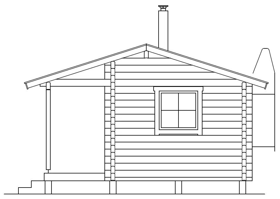 Draufsicht auf eine kleine Holzhütte mit Veranda, Fenster und Schornstein.