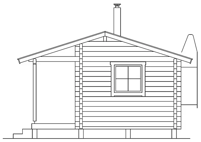 Sidovy av en liten trästuga med skorsten, fönster, veranda och trappor.