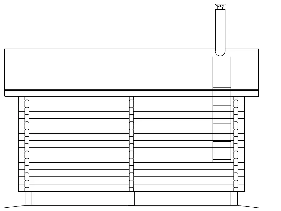 Seitenansicht einer Blockhütte mit Schornstein und einfachem Dach.
