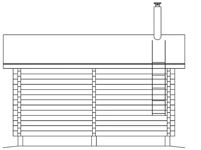 Timmerstuga med skorsten och sidostege.