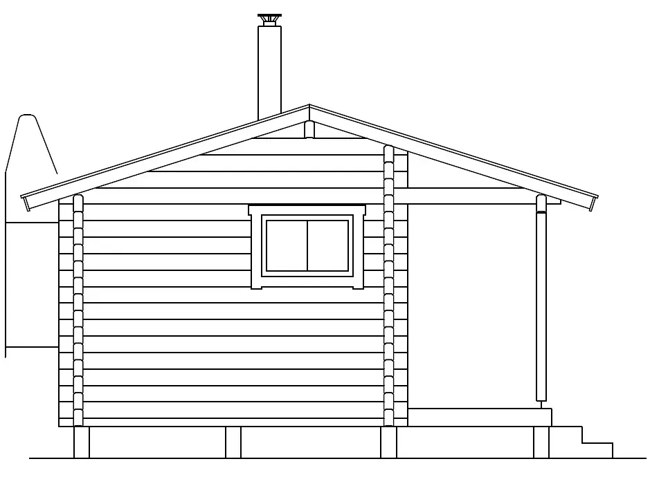 Eine Blockhütte mit Veranda, Schornstein und Fenster auf einem Fundament.