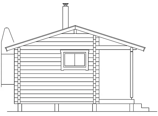 Sidovy av en liten byggnad i timmerstugastil med veranda, skorsten och fönster.