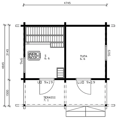 Grundriss einer kleinen Hütte mit Terrasse, Sauna und Hauptraum. Maße und Abmessungen in Schwarz.