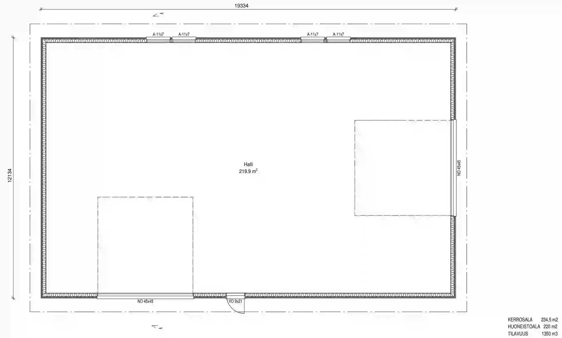 Plantegning av en rektangulær bygning med to rektangulære innvendige rom og merkede mål.