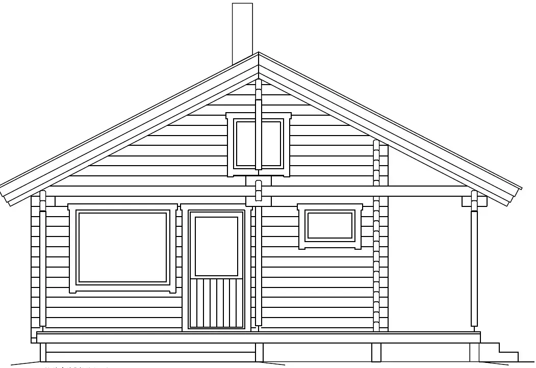 Fasadritning av en trästuga med sadeltak och veranda; fönster och skorsten är synliga.