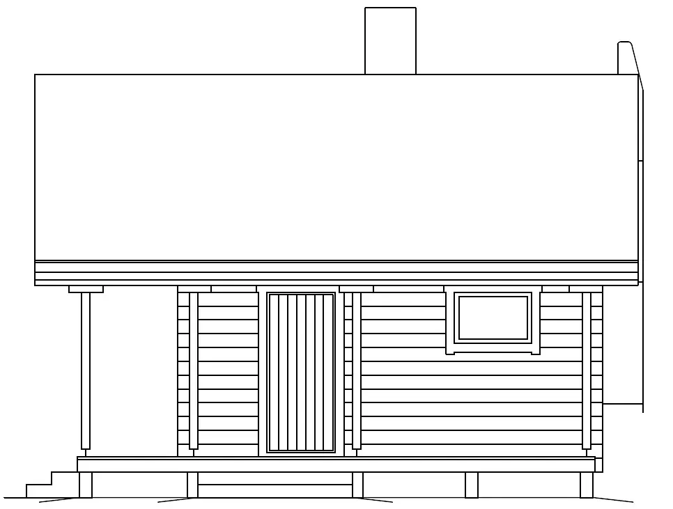 Sidovy av en stuga med veranda, dörr, fönster och skorsten. Taket är vinklat.