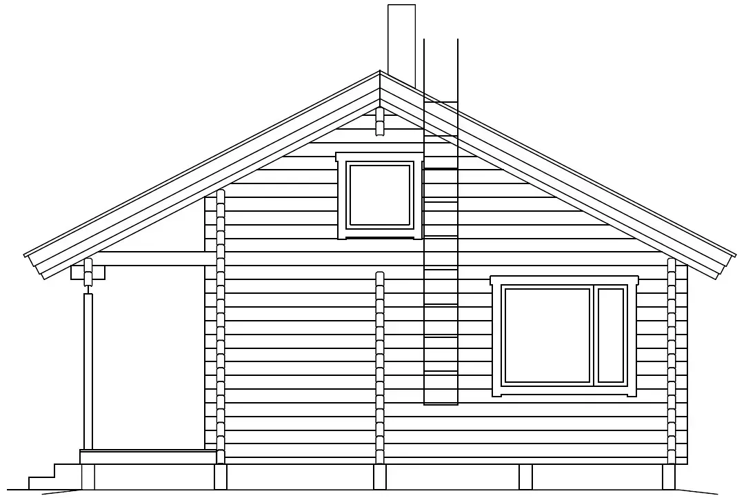 Fasadritning av en trästuga med sadeltak, fönster och skorsten.