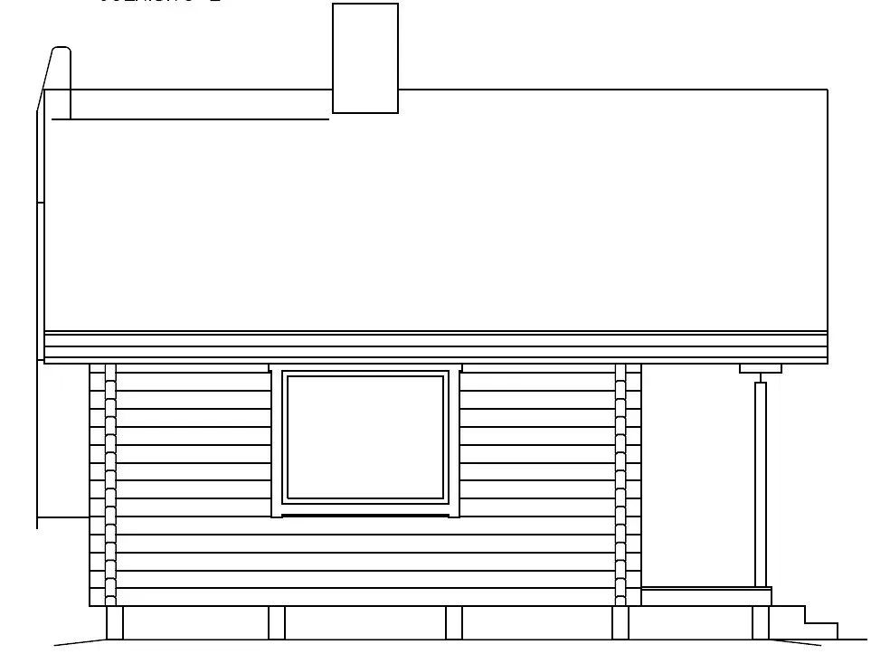 Veranda med trappsteg, fönster och skorsten, från ovansidan av en liten trästuga.