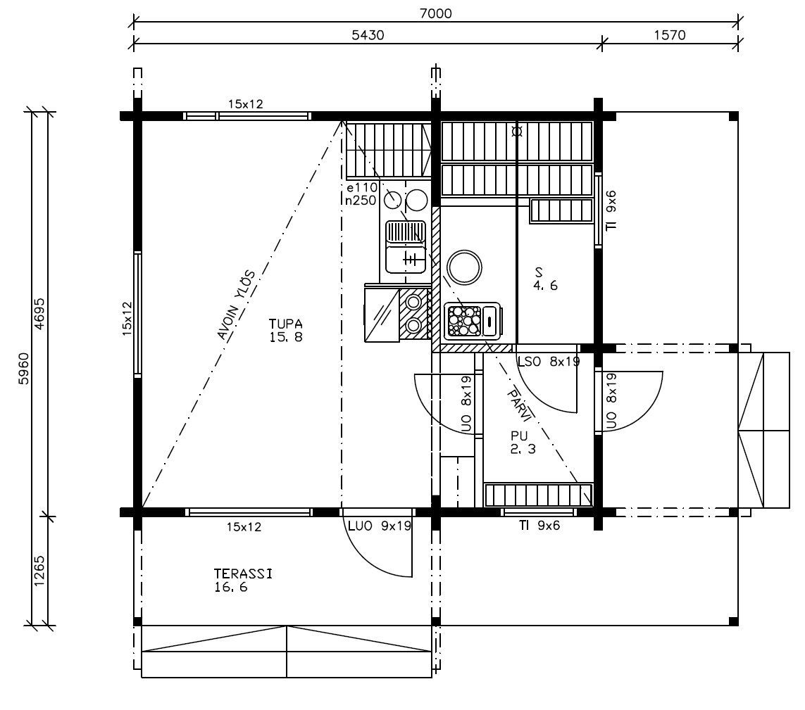 Planritning av en liten stuga. Kök, badrum, vardagsrum och veranda är synliga med mått.