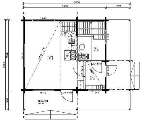 Planritning av en liten stuga med terrass, kök, vardagsrum och badrum, märkt.