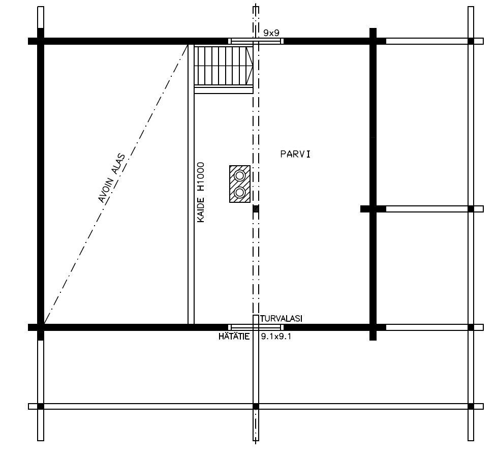 Plantegning med trapp, rom merket «PARF 1» og «MAKA». Inkluderer vegger og strukturlinjer.