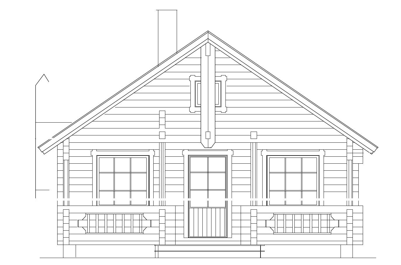 Fasadetegning av en tømmerhytte med veranda, to vinduer, en sentral dør og en skorstein.