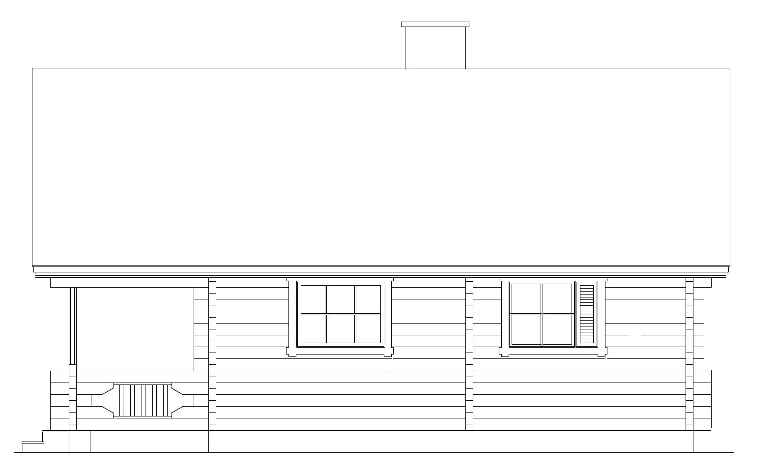 Frontfasade av en bygning med rektangulært tak, to vinduer og horisontal ytterkledning.