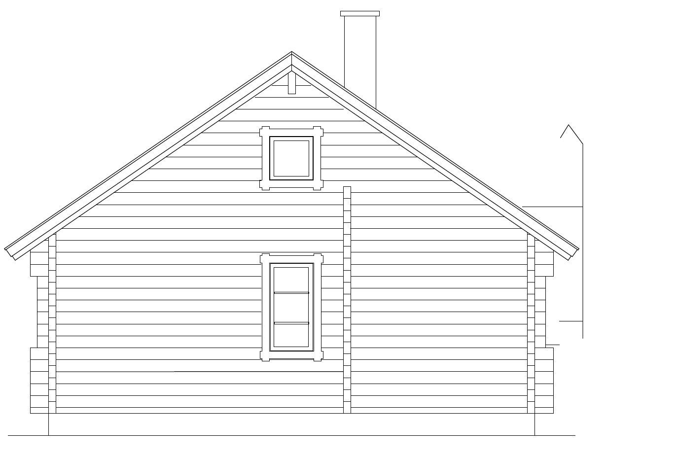Sidevisning av et enkelt hus med saltak, et lite vindu og horisontal ytterkledning.