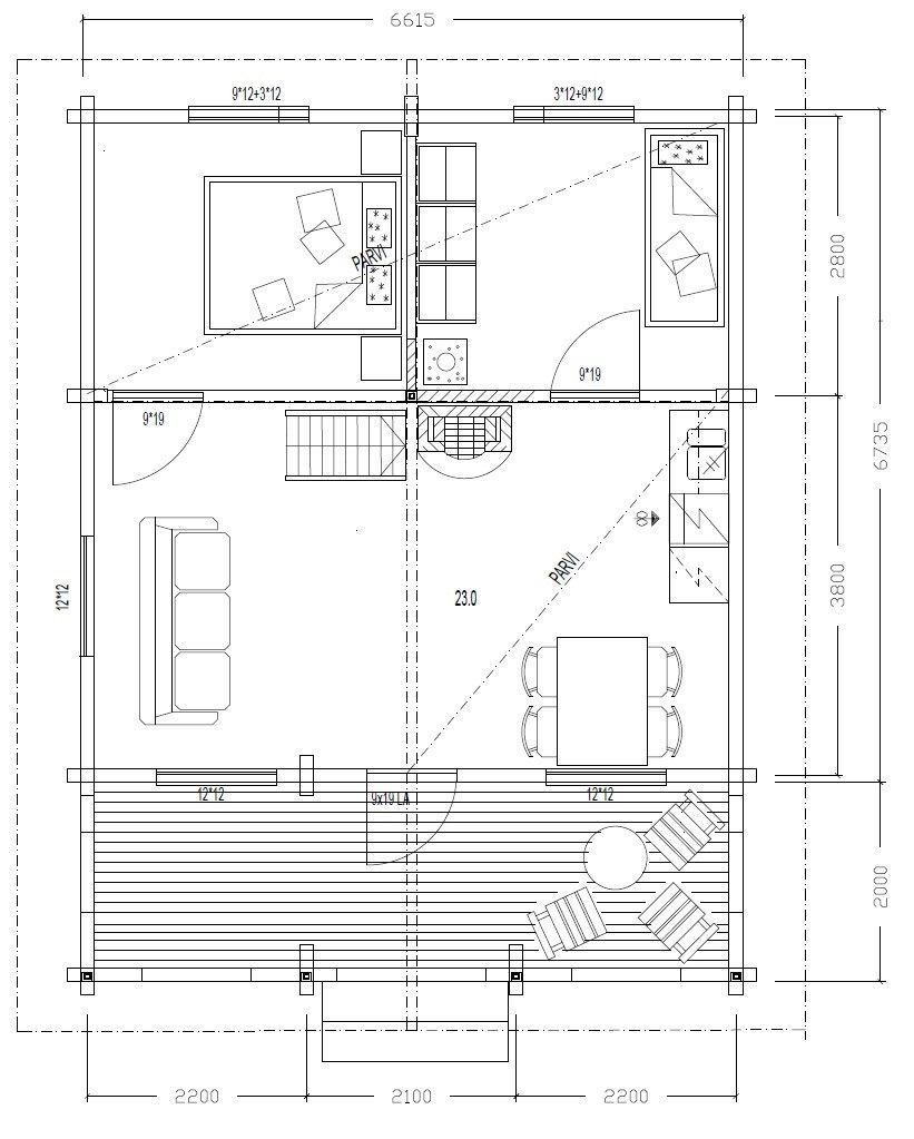 Mustavalkoinen pohjapiirros talosta huonekaluineen.