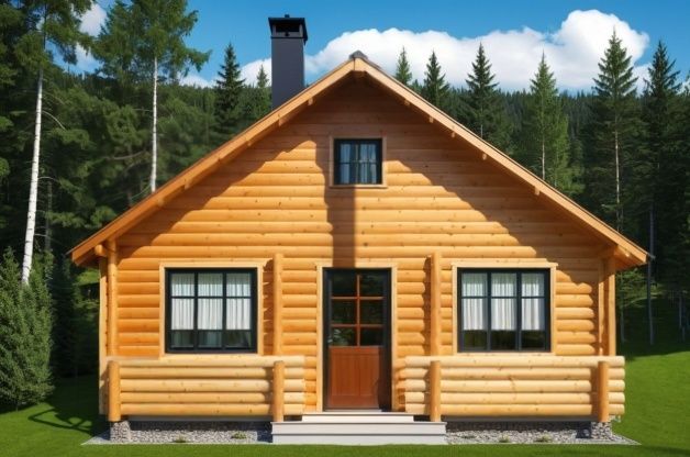 Trehytte med svarte vinduer og en brun dør, mot et bakteppe av grønne trær og en blå himmel.