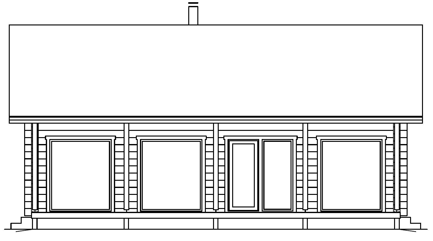 En svart-hvitt-fasadetegning av et enetasjes hus med lang veranda, vinduer og en sentrert dør.