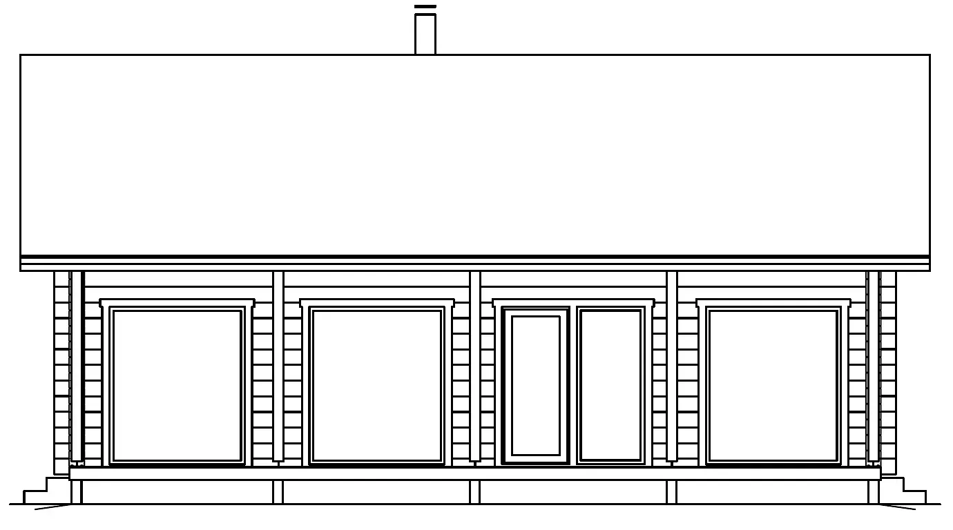 Elevation view of a single-story log cabin with large windows, a front porch, and a chimney on the roof.