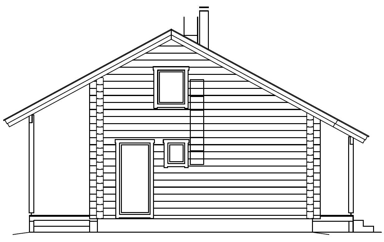 Linjetegning av en trehytte med saltak, to vinduer, en dør og en skorstein.