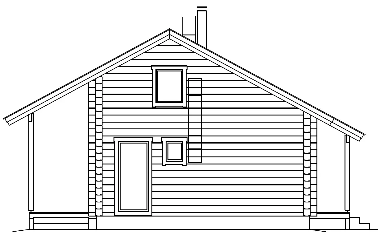 Side view of a wood cabin with a sloped roof, a door, windows, and a chimney.