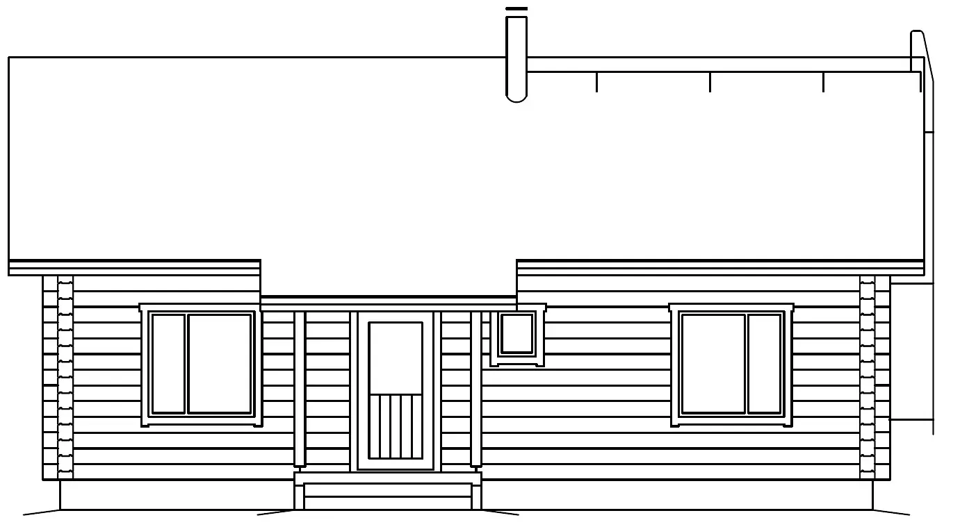 Log cabin elevation view. Front entry has a door, two windows, and a chimney.