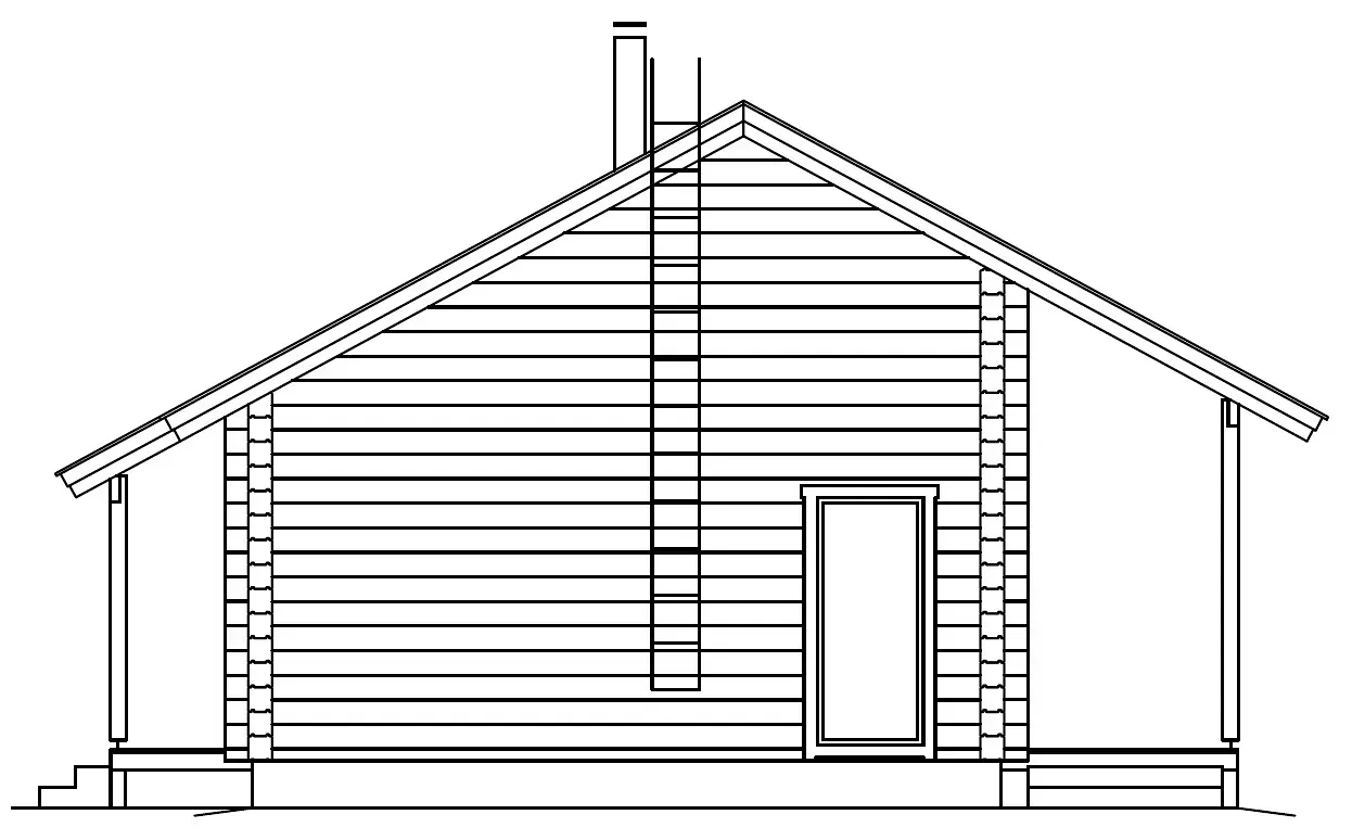 Side view of a log cabin with a chimney and a ladder running down the front.