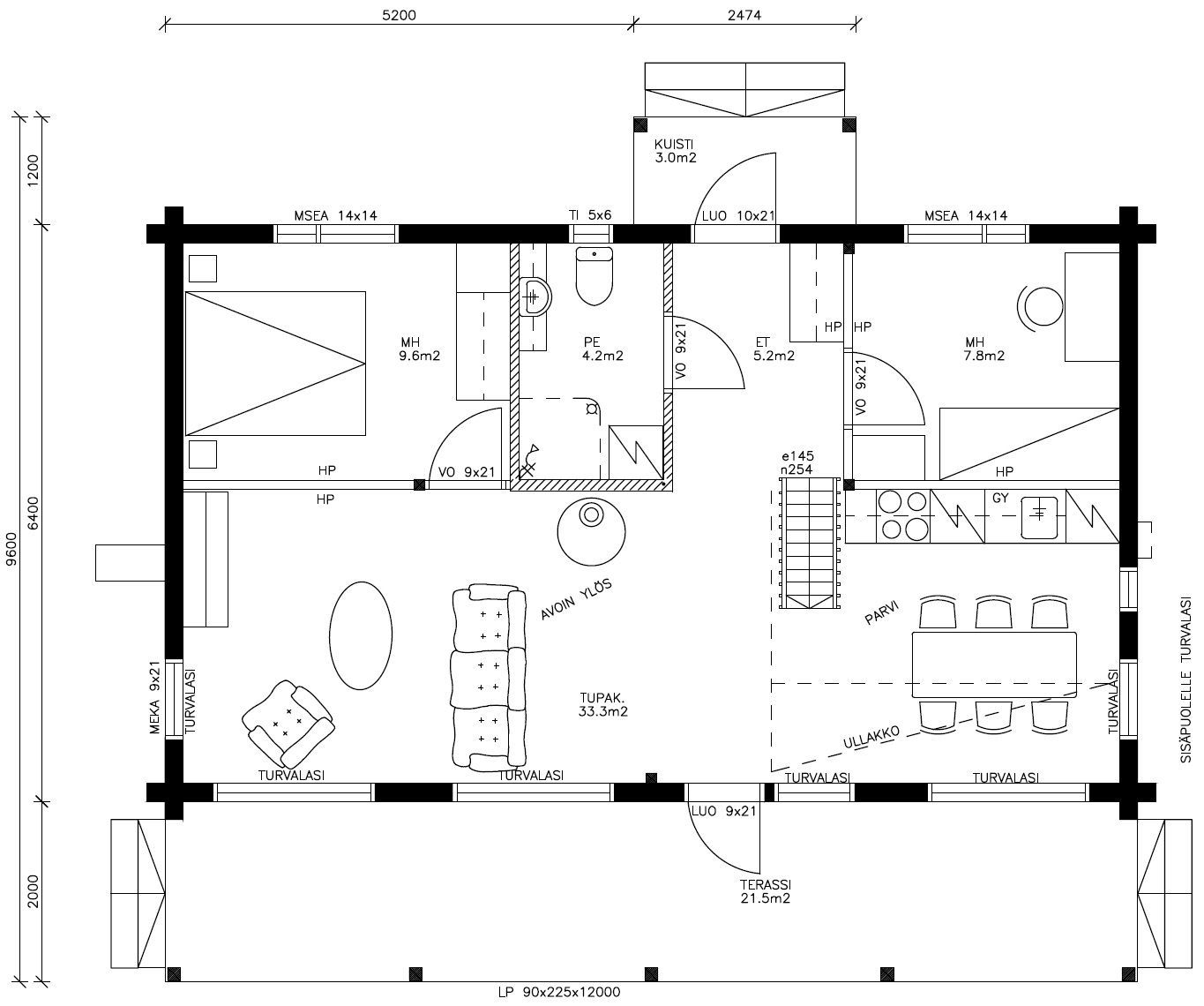 Floor plan of a small cabin showing interior layout; includes bathroom, kitchen, bedroom, and living area.