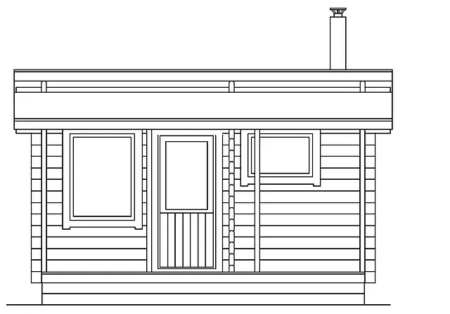 Sidovy av en liten stuga med fönster, en dörr och en skorsten.