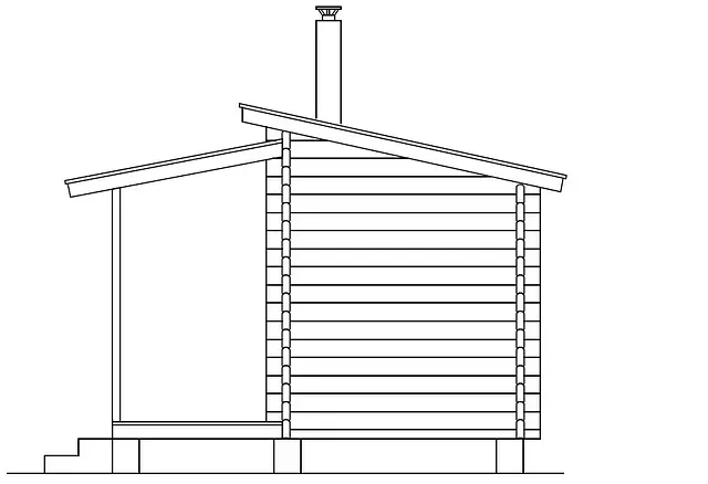 Sidovy av en liten timmerstuga med veranda och skorsten.
