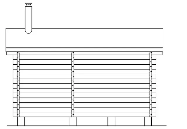 Sidovy av en timmerstuga med skorsten.