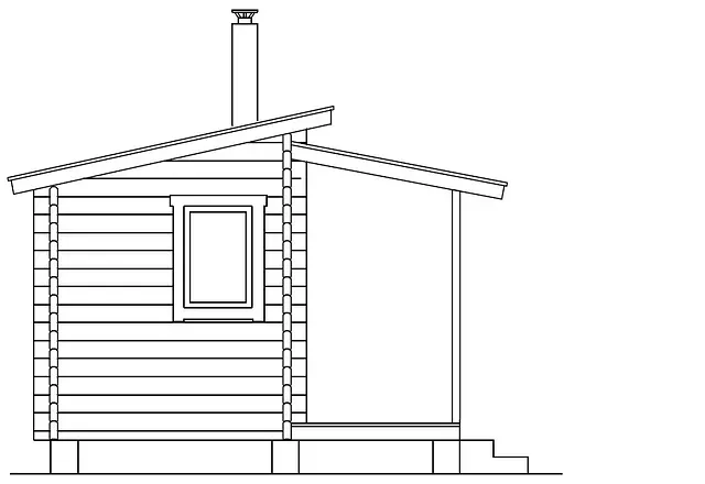 Sidovy av en liten trästuga med snedtak, fönster, veranda, skorsten och trappsteg.