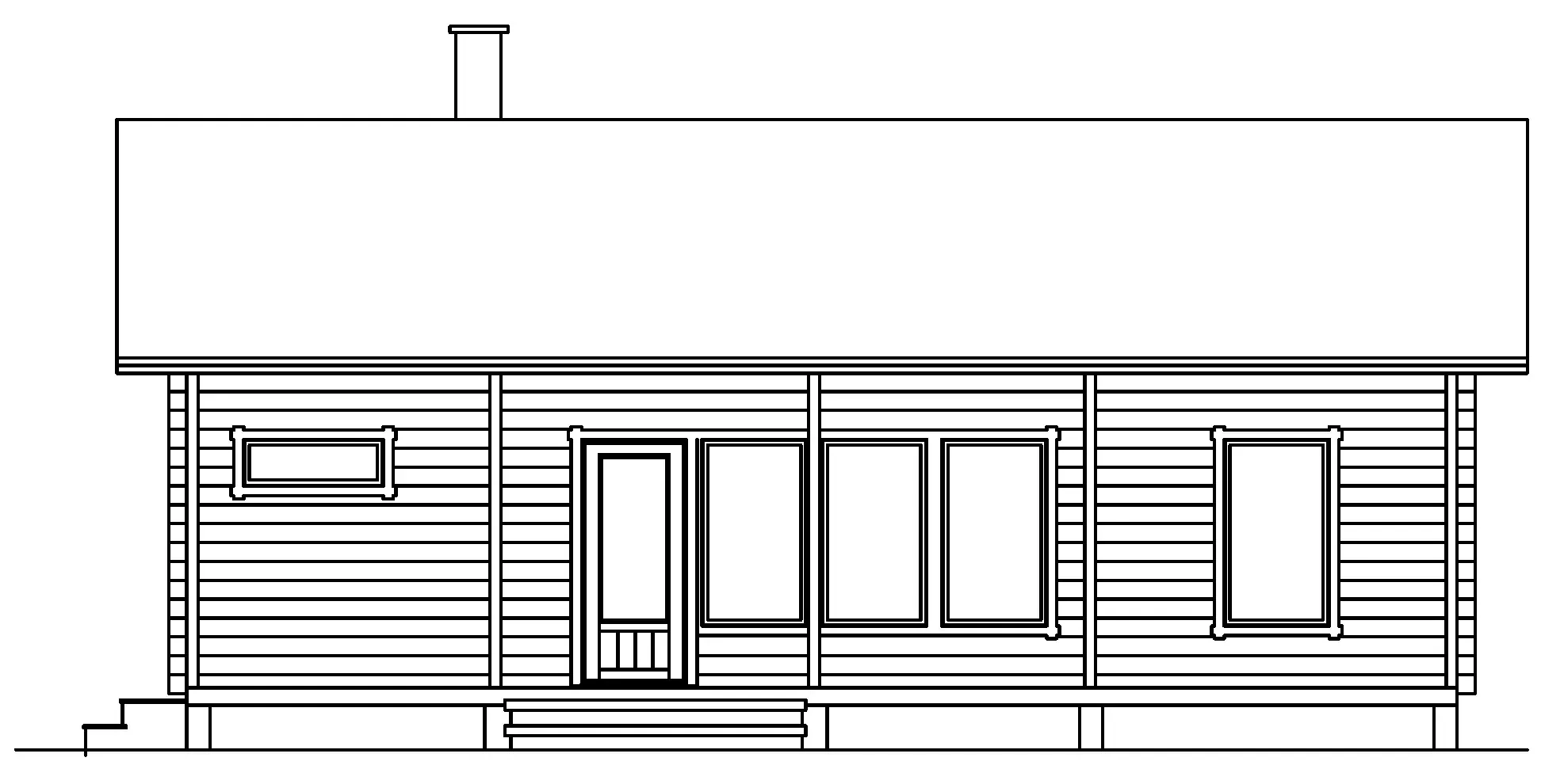 Aufrisszeichnung eines kleinen einstöckigen Holzhauses mit Schornstein, Fenstern und Tür.
