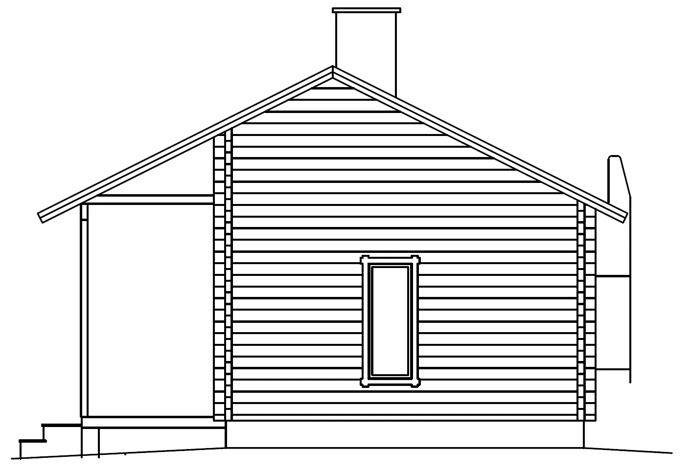 Seitenansicht einer Holzhütte mit Veranda, Kamin und Fenster.