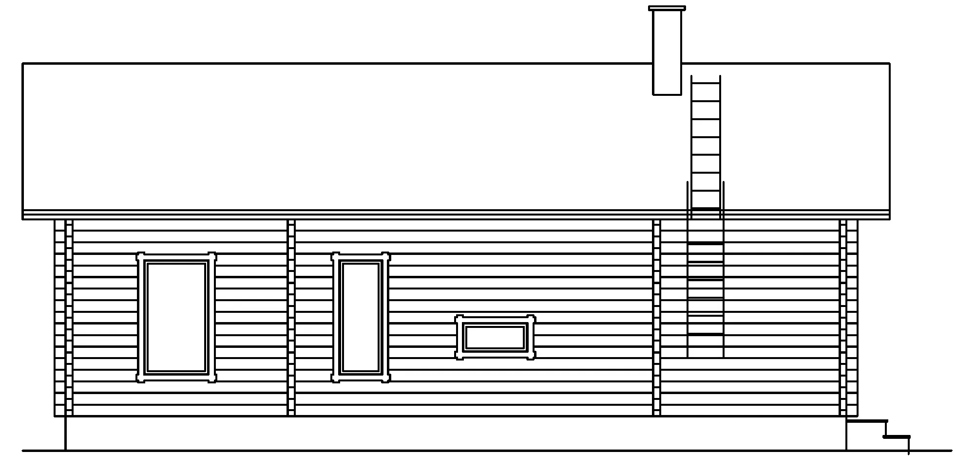 Seitenansicht einer Blockhütte mit Fenstern, einem Schornstein und einer Leiter zum Dach.