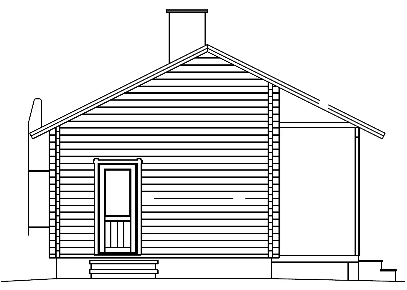 Schwarz-weiße Strichzeichnung einer kleinen Hütte. Mit Tür, Schornstein und Veranda mit Stufen.