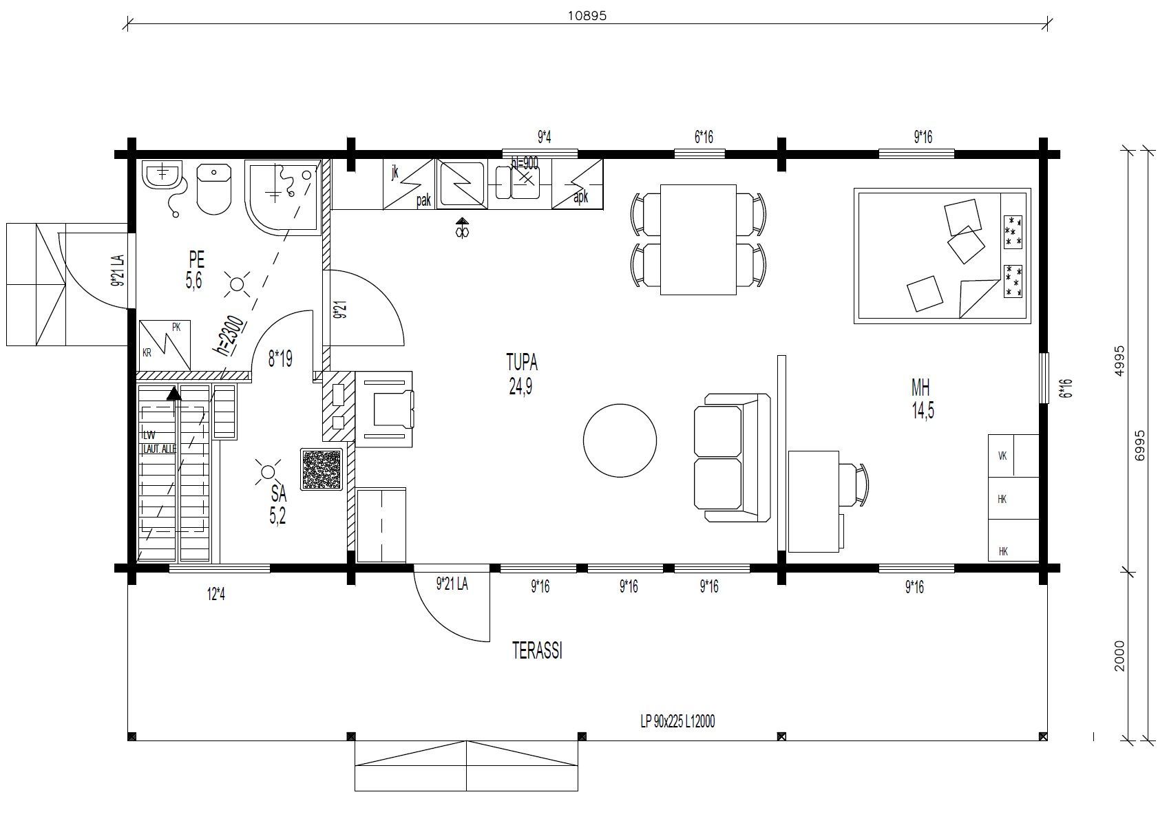 Grundriss eines kleinen Hauses. Beinhaltet eine Küche, ein Wohnzimmer, ein Schlafzimmer und ein Badezimmer mit beschrifteten Abmessungen.