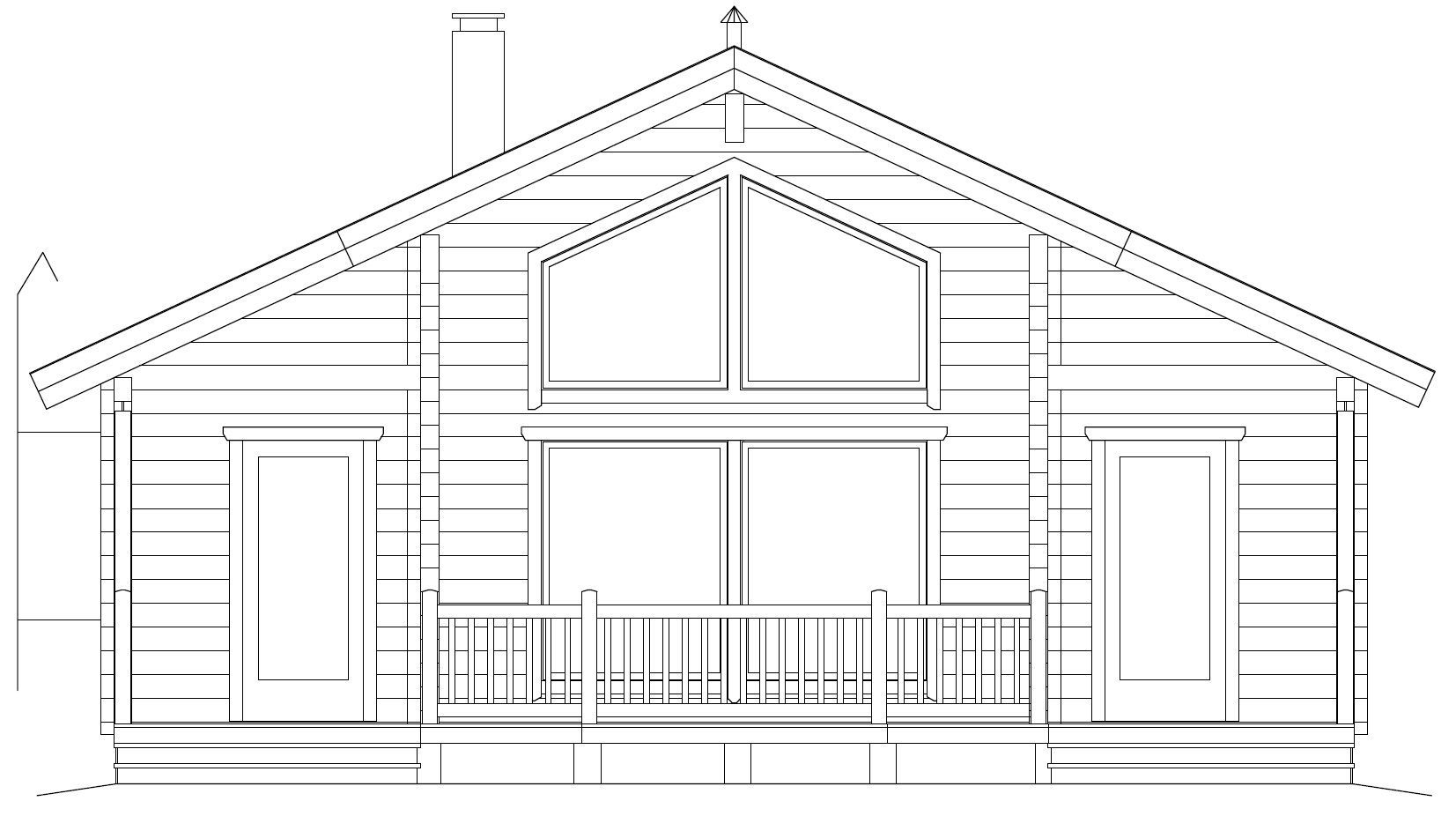 Svart-hvitt linjetegning av en tømmerhytte med veranda, saltak og skorstein.
