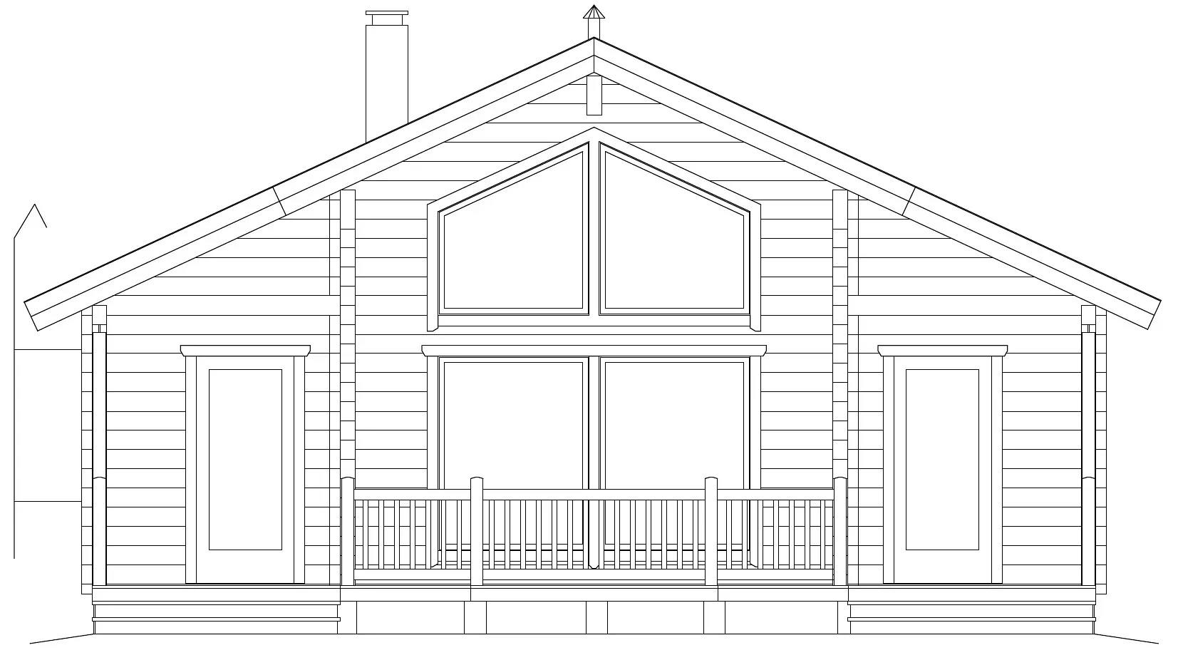 Aufrisszeichnung einer Blockhütte mit Veranda, zwei Türen, großen Fenstern und steilem Dach.
