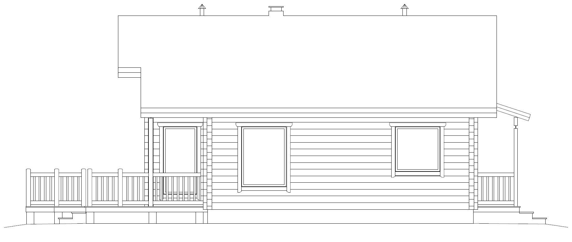 Arkitektonisk linjetegning av et hus med terrasse, vinduer og et vinklet tak.