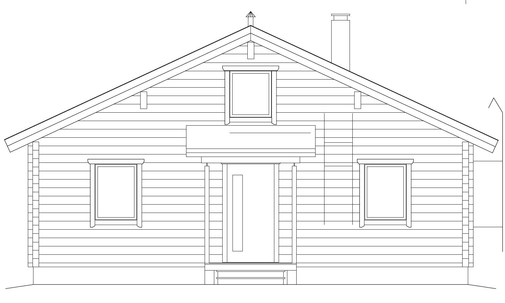 Hytte med skråtak, skorstein, inngangsdør og to vinduer.