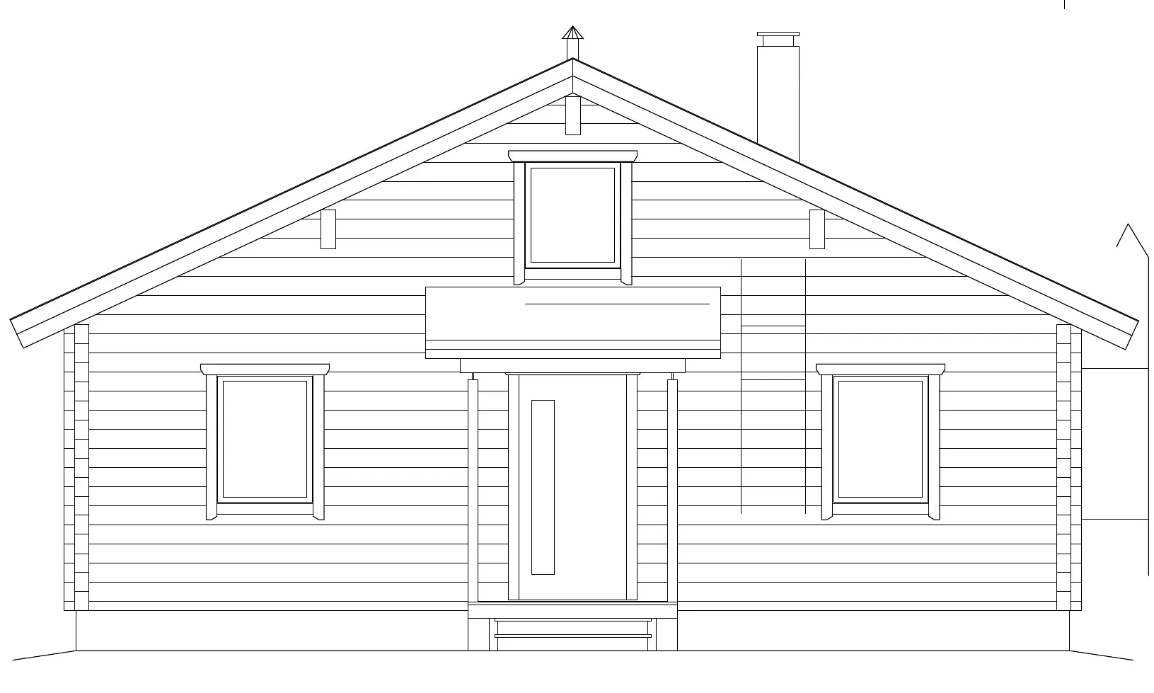 Blockhütte mit Satteldach, zwei Fenstern, einer Vordertür und einem Schornstein.