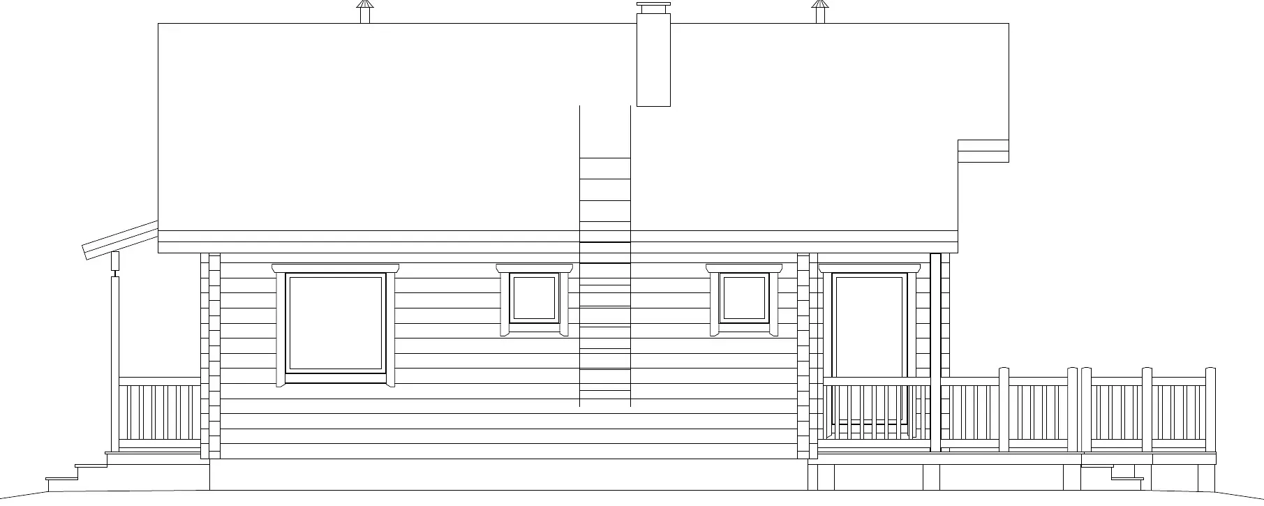 Architektonische Aufrisszeichnung eines Hauses mit Terrasse, Fenstern und Schrägdach.