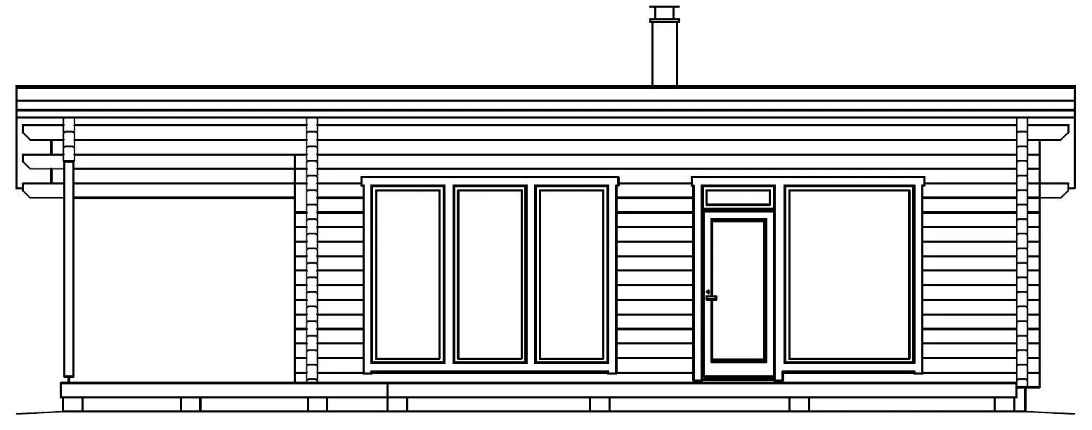 Fasadetegning av et moderne enetasjes hus med vinduer, dør og skorstein.