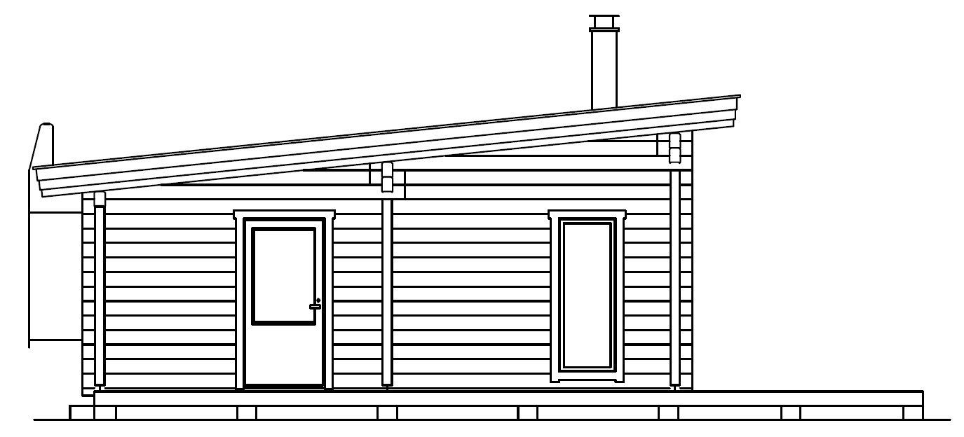 Sidevisning av en hytte med skråtak, en dør, et vindu og en skorstein. Den står på en treterrasse.