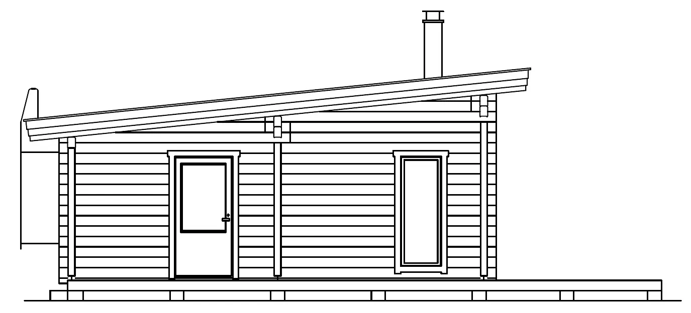 Sidevisning av en liten trehytte med skråtak, dør og vindu.