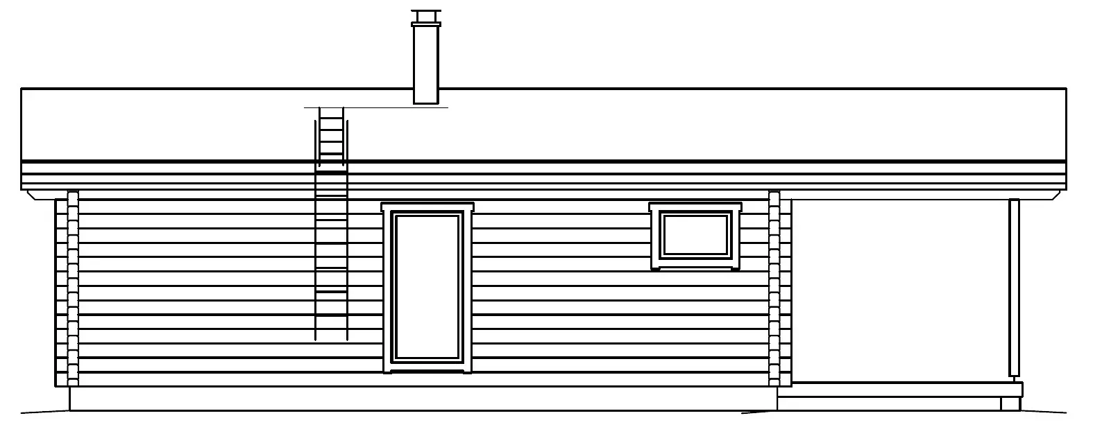 Sidevisning av et hus med skorstein, dør, vindu og stige.