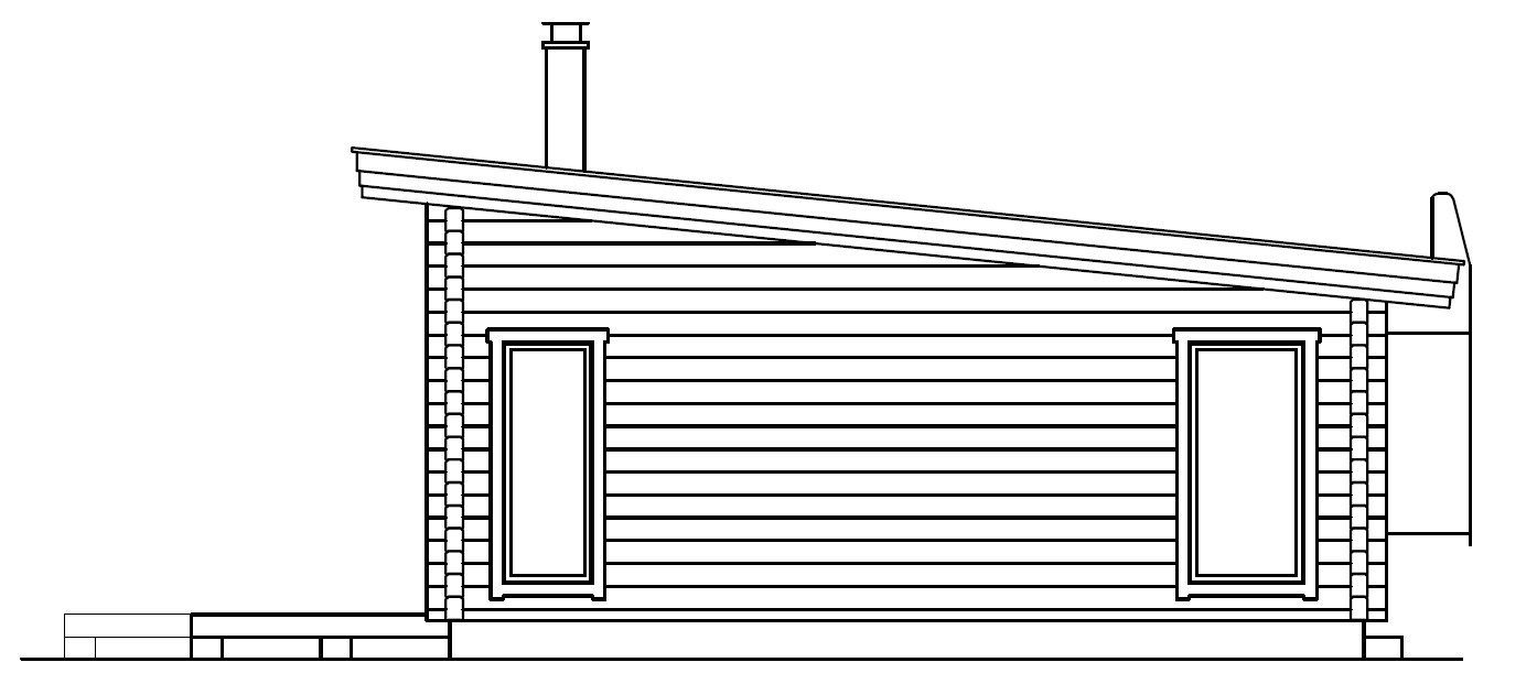 Sidevisning av en liten hytte med skråtak, to vinduer og en skorstein.